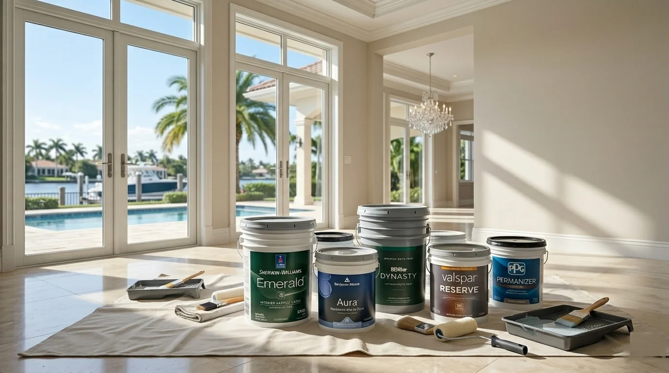 Professional painter applying exterior paint to a Florida stucco home
