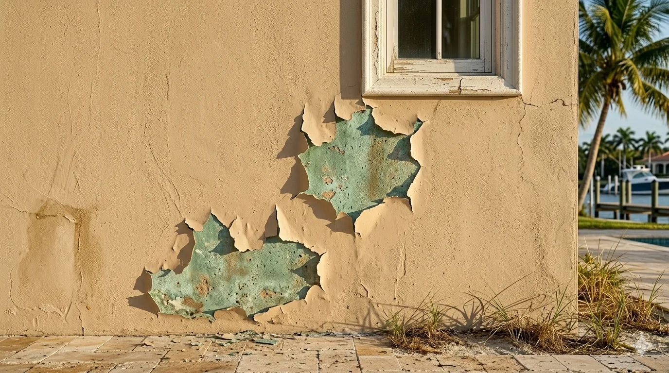 Peeling exterior paint on a South Florida home showing moisture damage